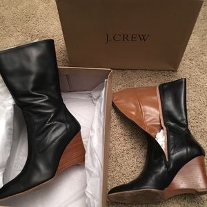 J. Crew Black Leather Wedge Mid-Calf Boots sz 8